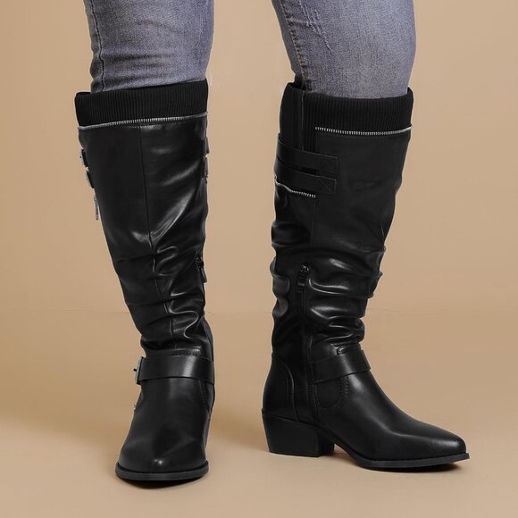 ⚡Women's Black Extra Wide Calf Knee High Boots Knee High Boots Low Stacked Heel - Picture 6 of 6